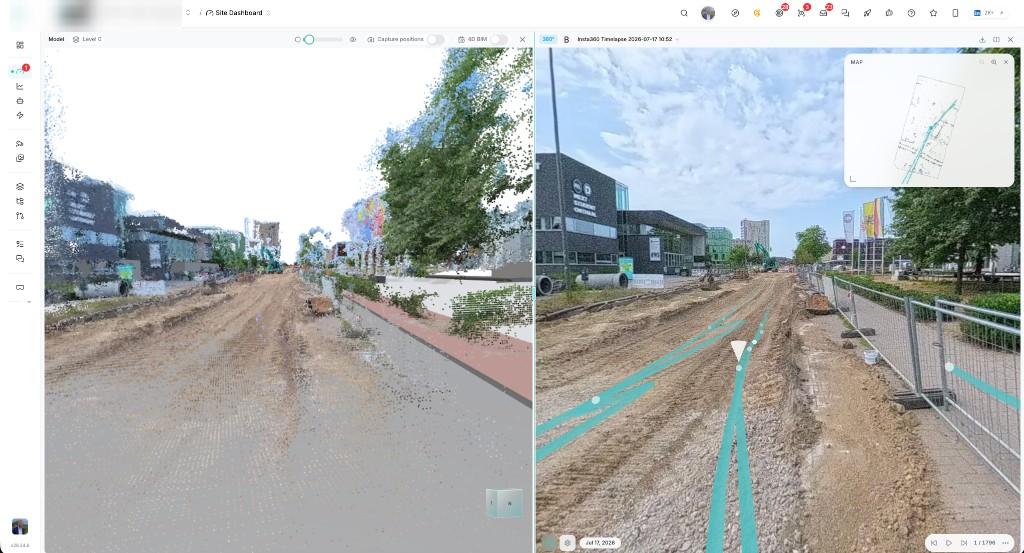 Bimefy split-screen with the BIM model on the left and a 360° site walkthrough on the right from the same location
